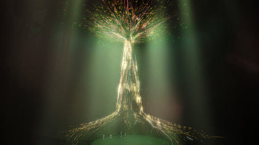 Une grande structure arborescente et lumineuse rayonne de lumière dans un environnement sombre et brumeux. De fines branches et racines dorées s'étendent de son tronc, tandis que de petites figures humaines se tiennent à sa base, soulignant sa taille immense et sa présence mystique.
