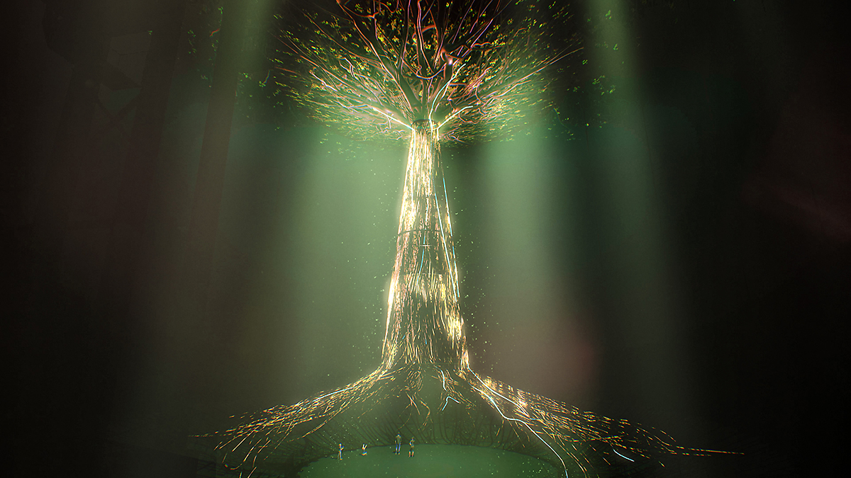 Duża, świecąca, przypominająca drzewo struktura promieniuje światłem w ciemnym, mglistym otoczeniu. Cienkie, złote gałęzie i korzenie wyrastają z jej pnia, a u jej podstawy stoją małe postacie ludzkie, podkreślając jej ogromny rozmiar i mistyczną obecność.