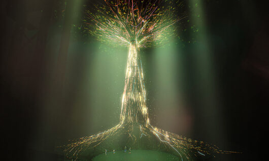 A large, glowing, tree-like structure radiates light in a dark, misty environment. Thin golden branches and roots extend from its trunk, while small human figures stand at its base, emphasizing its immense size and mystical presence.